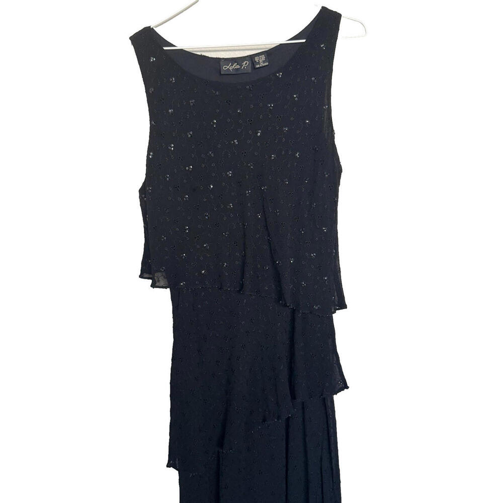 Lola P. Black Beaded Tiered Sleeveless Midi Dress L | Formal Cocktail Party Rayo - Picture 6 of 13